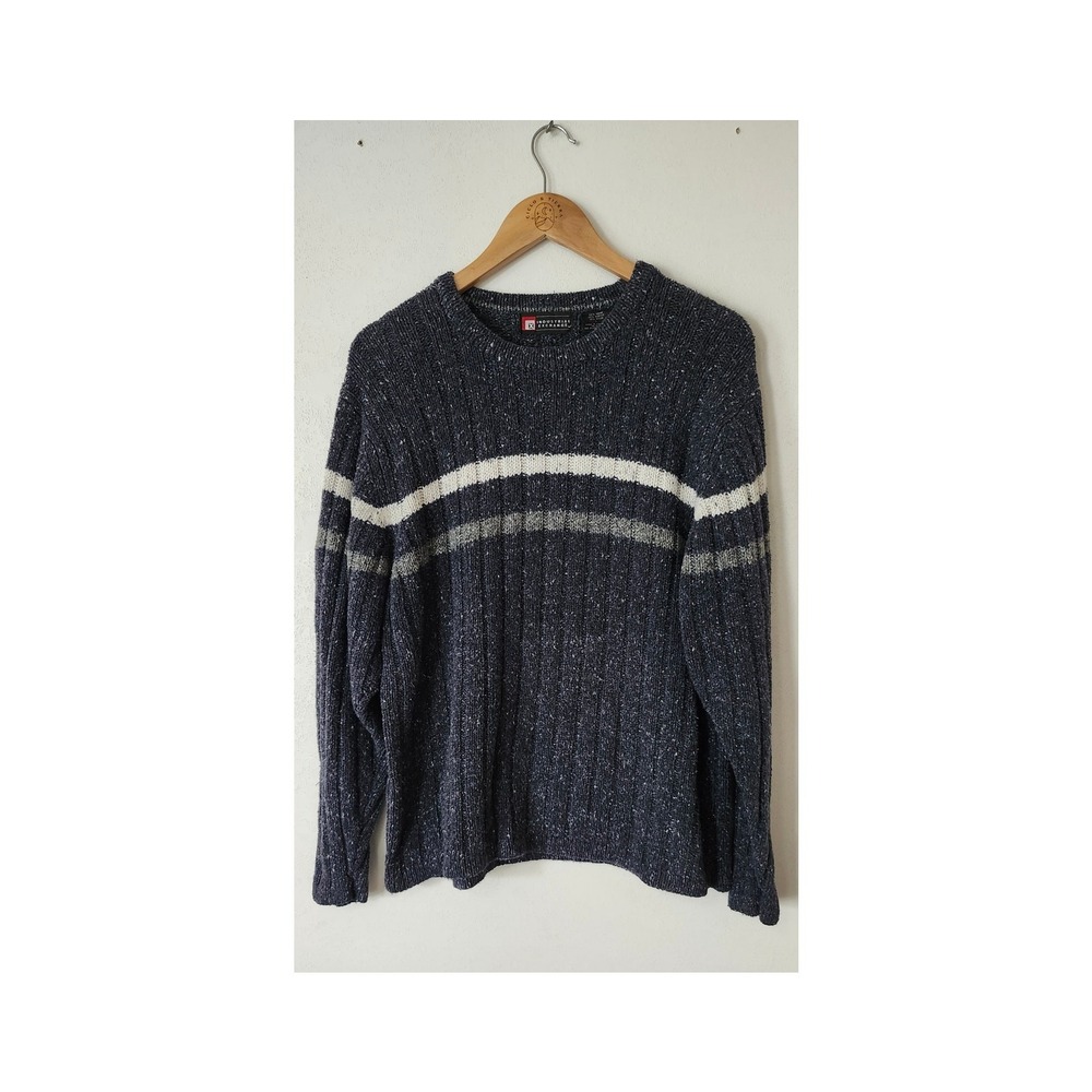 Vintage Industrial Exchange Y2K Knit Sweater Men's L XL Navy Striped Crewneck